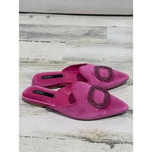 Deltan Mules Women Size 9 Fuchsia Pink Velvet Rhinestone Buckle Pointed Toe EUC